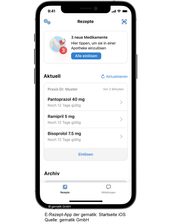 Mobiltelefon zeigt die E-Rezept-App E-Rezept-App der gematik: Startseite iOS Quelle: gematik GmbH