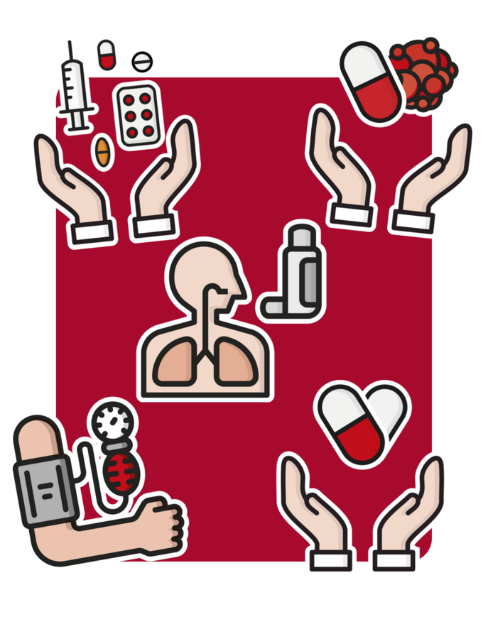 Die 5 Symbole der pharmazeutischen Dienstleistungen auf rotem Hintergrund