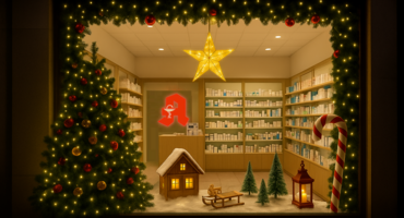 Ein KI-generiertes Bild einer weihnachtlich geschmückten Apotheke