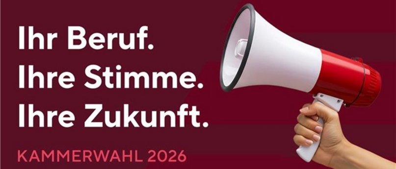 Ein Megafon auf rotem Hintergrund mit dem Slogan "Ihr Beruf. Ihre Stimme. Ihre Zukunft."